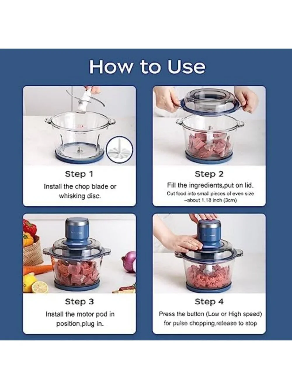Versatile 7-Cup Electric Food Processor & Chopper with Glass Bowl - Blue Kitchen